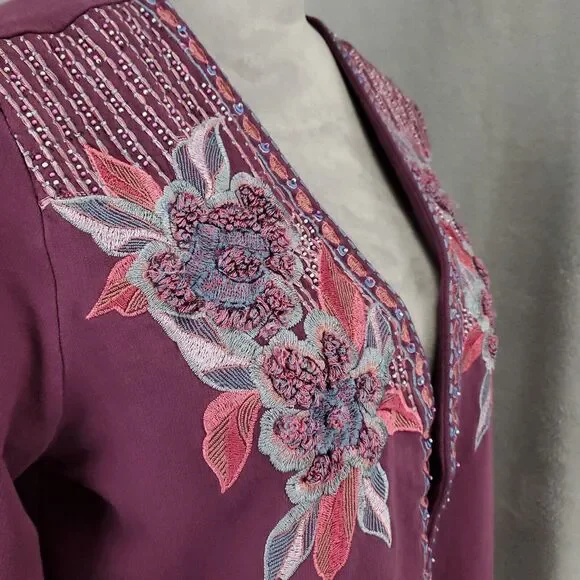 Soft Surroundings Cardigan Jacket Womens Small Purple Blazer Embroidered Flowers - Picture 2 of 13